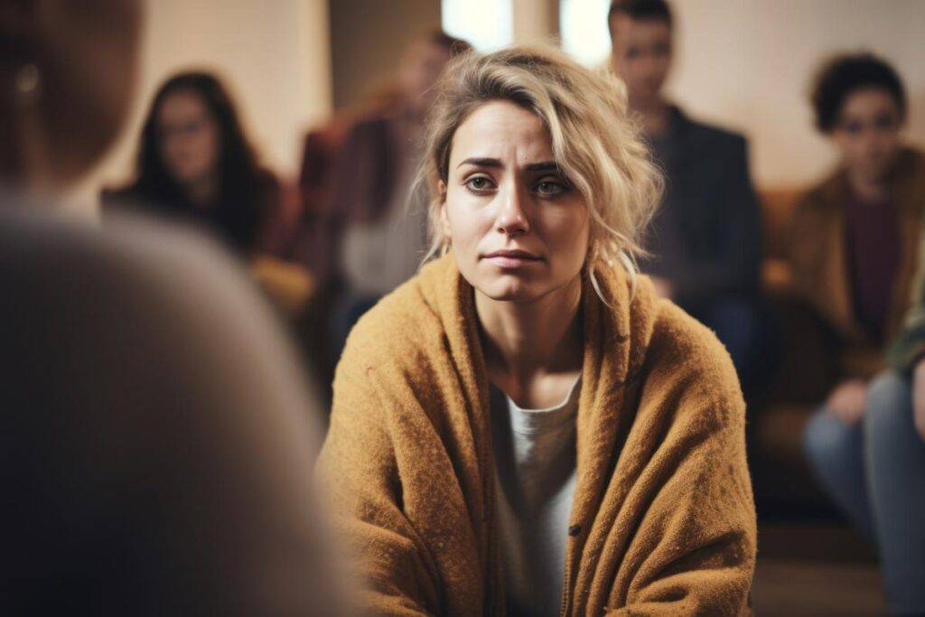 blonde woman sits at a group therapy sessions and asks the question how are impulse control disorders and addiction linked and listens to the answer