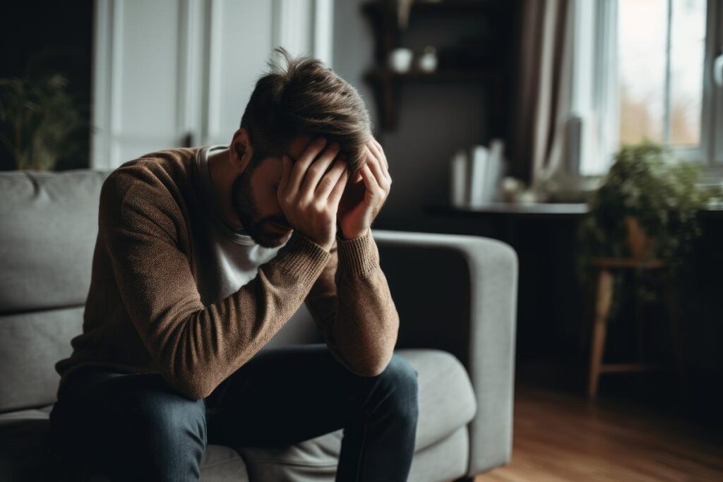 man sits on his couch leaning forward resting his head on his hands struggling with the question what is the recovery rate for heroin?