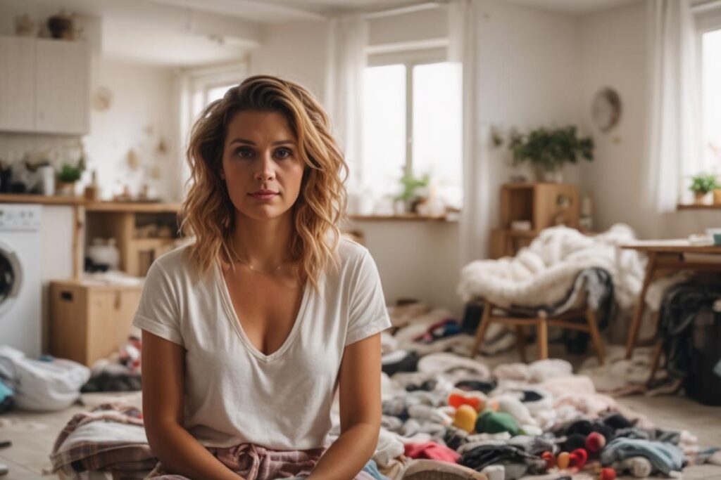 woman in messy home trying to adjust to life after rehab