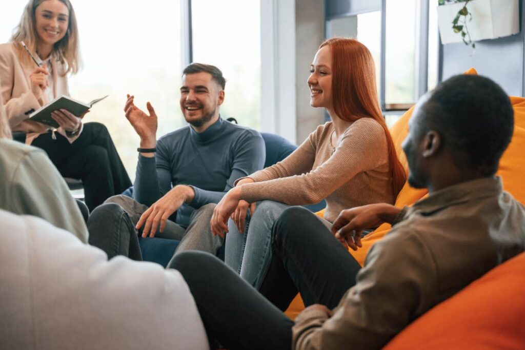 people in group therapy for addiction treatment learning dbt techniques